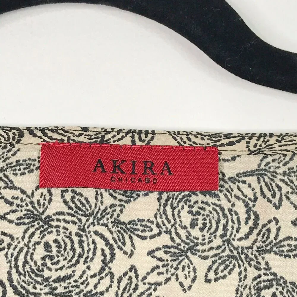 AKIRA Medium M Printed Asymmetrical Cinch Blouse Top Cream Black Floral Print
